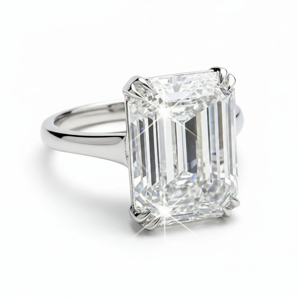 10.0 Ct White Moissanite Emerald Solitaire Ring - 925 Sterling Silver Gold Vermeil