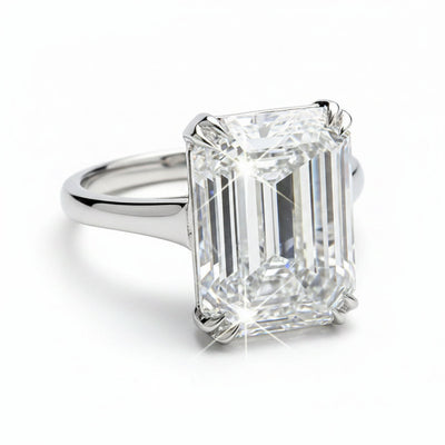 10.4 Ct White Moissanite Emerald Solitaire Ring - 925 Sterling Silver Gold Vermeil