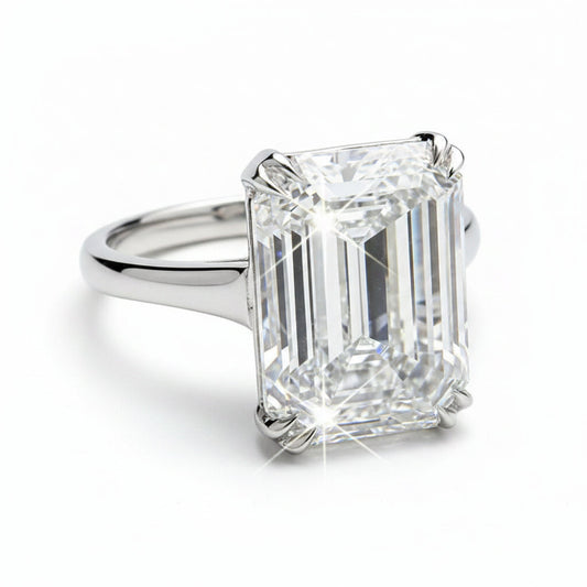 10.0 ct DEW White Moissanite Emerald Solitaire Ring - 18K Gold Vermeil on 925 Sterling Silver