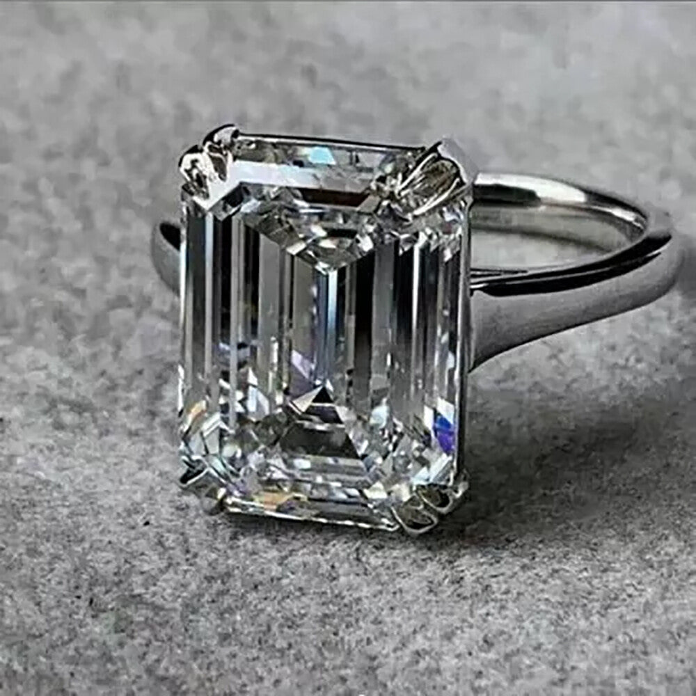 10.4 Ct White Moissanite Emerald Solitaire Ring - 925 Sterling Silver Gold Vermeil