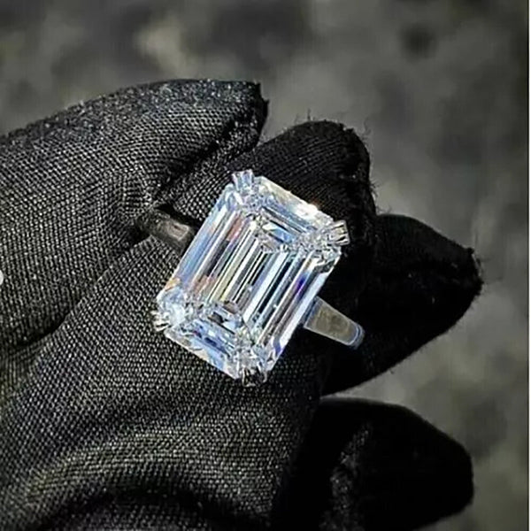 10.4 Ct White Moissanite Emerald Solitaire Ring - 925 Sterling Silver Gold Vermeil