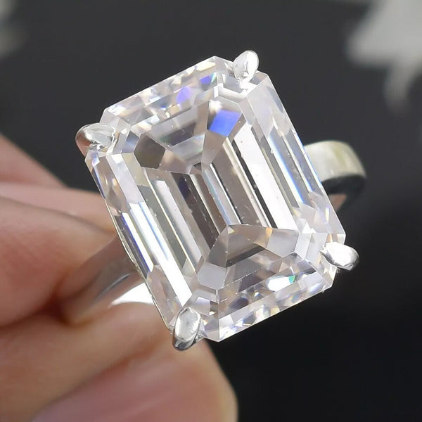 27.50 Ct Certified Emerald Cut White Moissanite Solitaire Ring in Gold Vermeil - View 4 - GEMHUB & CO.