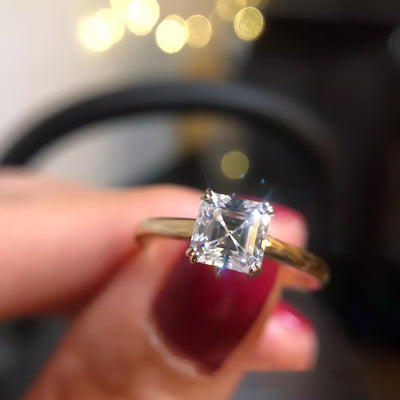 2.40 Ct Certified Asscher Cut Off White Moissanite Ring 18K Gold Plated