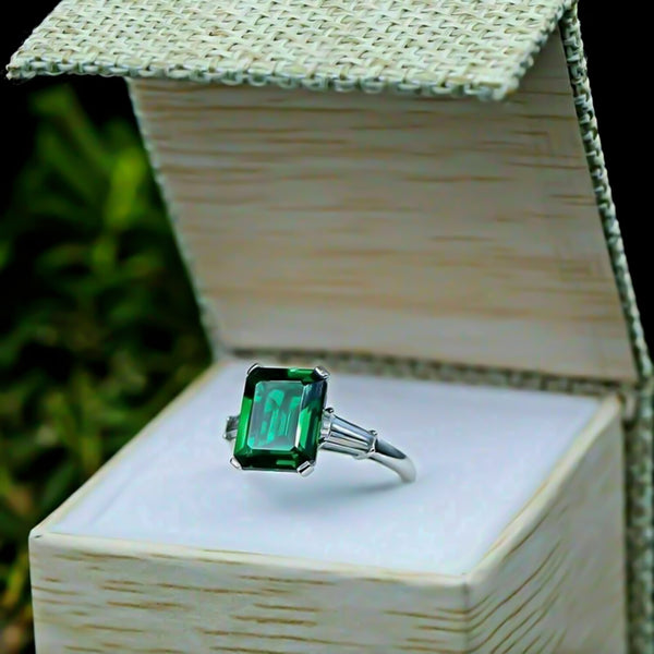 Certified 3.80 Ct Natural Emerald & Moissanite Engagement Ring 14K Solid White Gol 18K Gold Plated