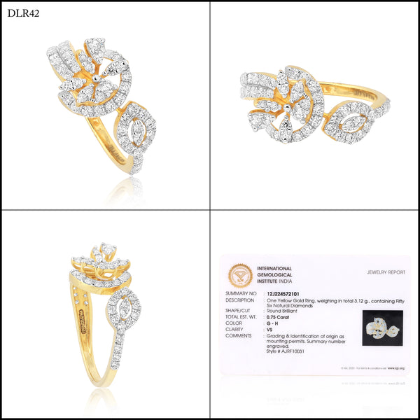 0.75 Ct IGI Certified 18k Yellow Gold Diamond Ring - Elegant Leaf Cluster Design - view 8