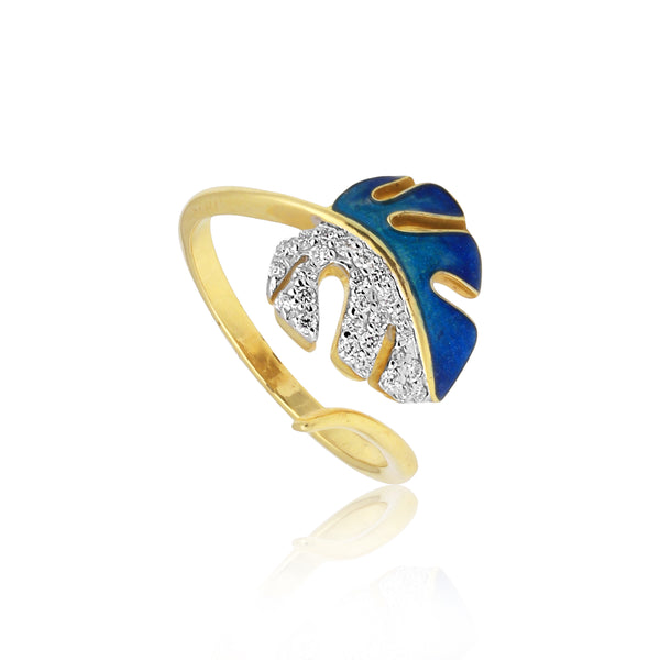 0.22 Ct. IGI Certified 18K Yellow Gold Blue Enamel Diamond Monstera Leaf Ring - view 3