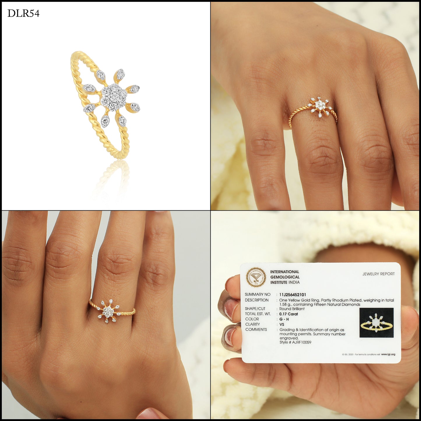 0.17 Ct. IGI Certified 18k Yellow Gold Floral GH VS White Diamond Blossom Ring - view 8