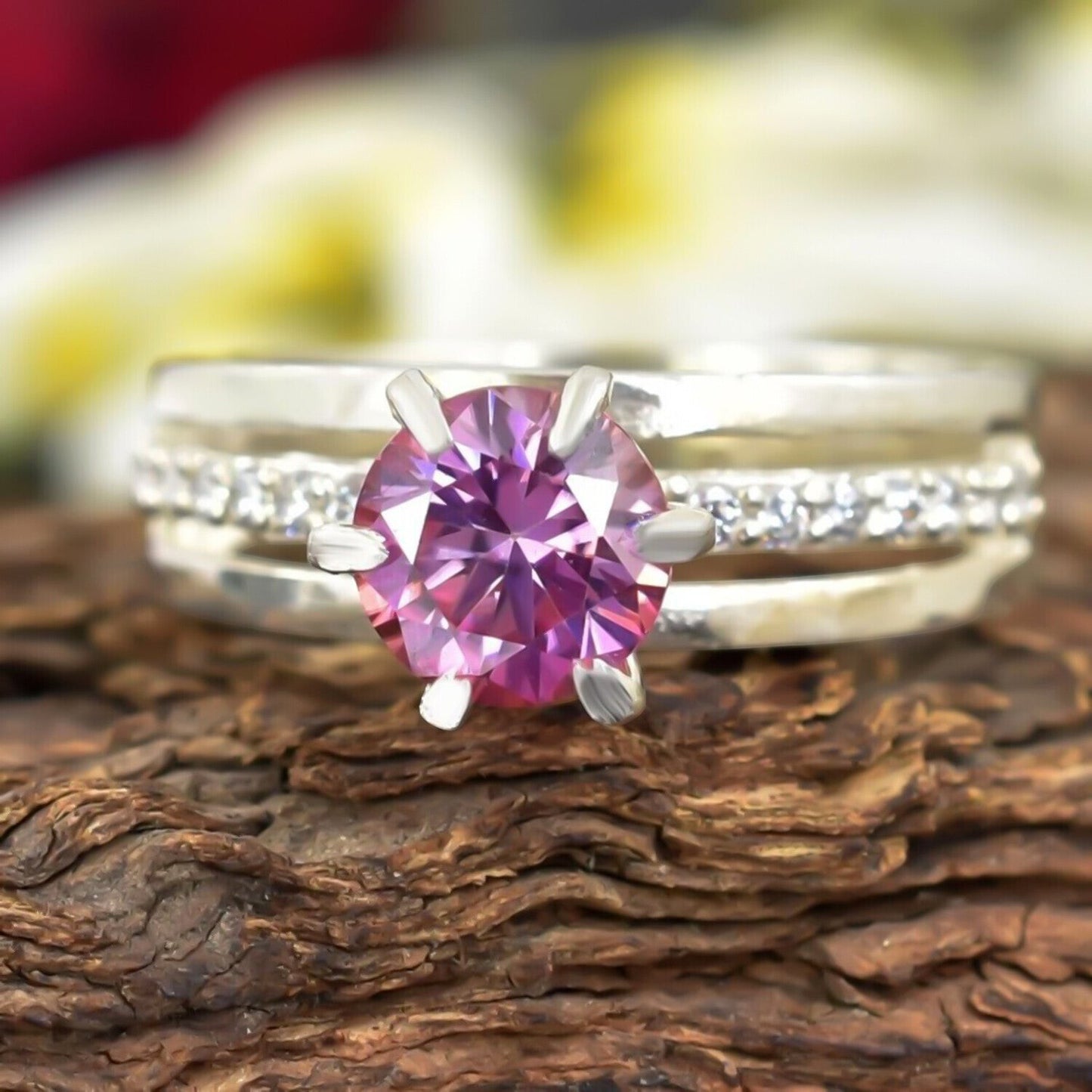 Certified 1.35ct Natural VVS1 Round Pink Moissanite Ring in 18K Gold Plated