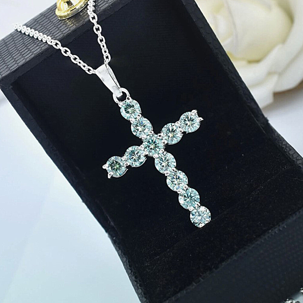 3.00 Ct Certified Round Cut Blue Moissanite Cross Vermeil 925 Silver Pendant - View 4 - GEMHUB & CO.