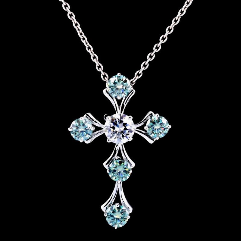 5.00 Ct Round Cut Blue & White Moissanite In Gold Vermeil Cross necklace - GEMHUB & CO.