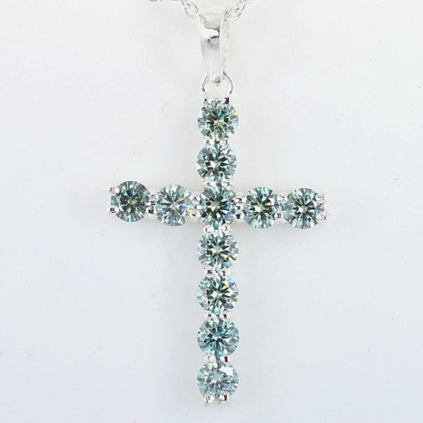 3.00 Ct Certified Round Cut Blue Moissanite Cross Vermeil 925 Silver Pendant - GEMHUB & CO.