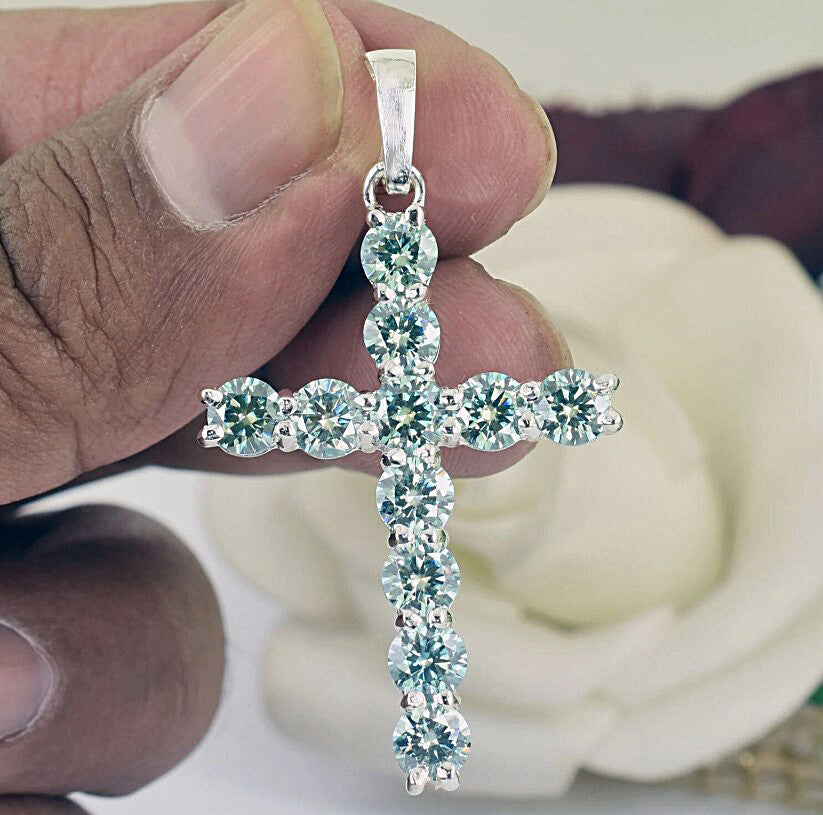 5.5 Ct Certified Round Cut Blue Moissanite Cross In Vermeil 925 Silver Pendant - View 2 - GEMHUB & CO.