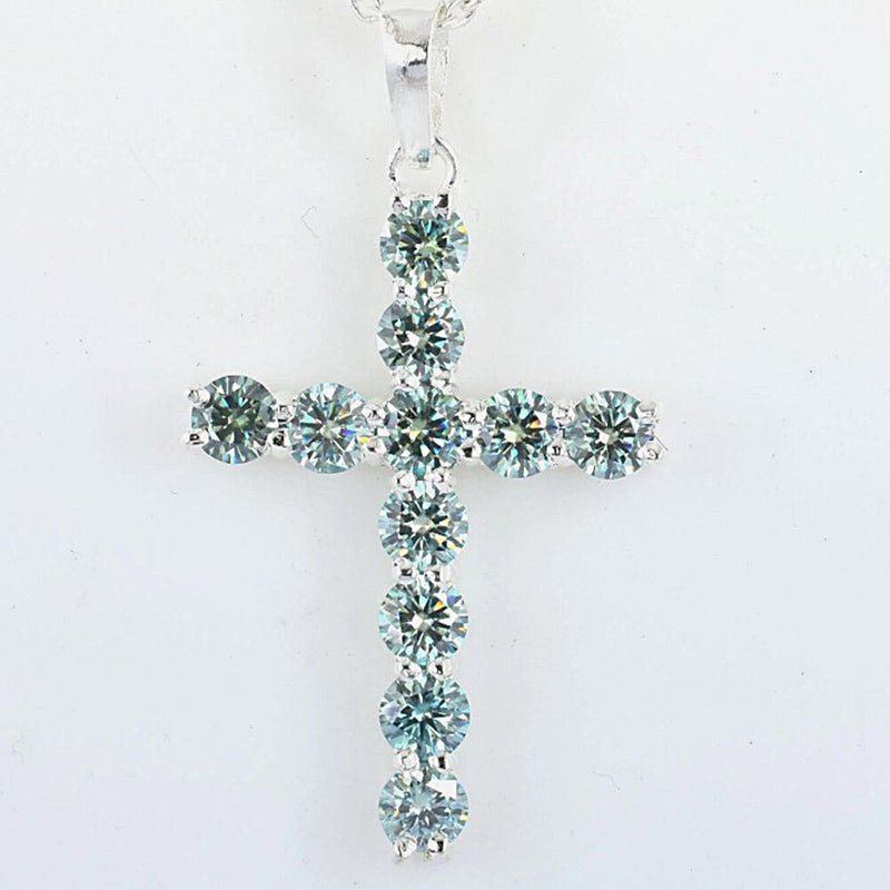 5.5 Ct Certified Round Cut Blue Moissanite Cross In Vermeil 925 Silver Pendant - GEMHUB & CO.