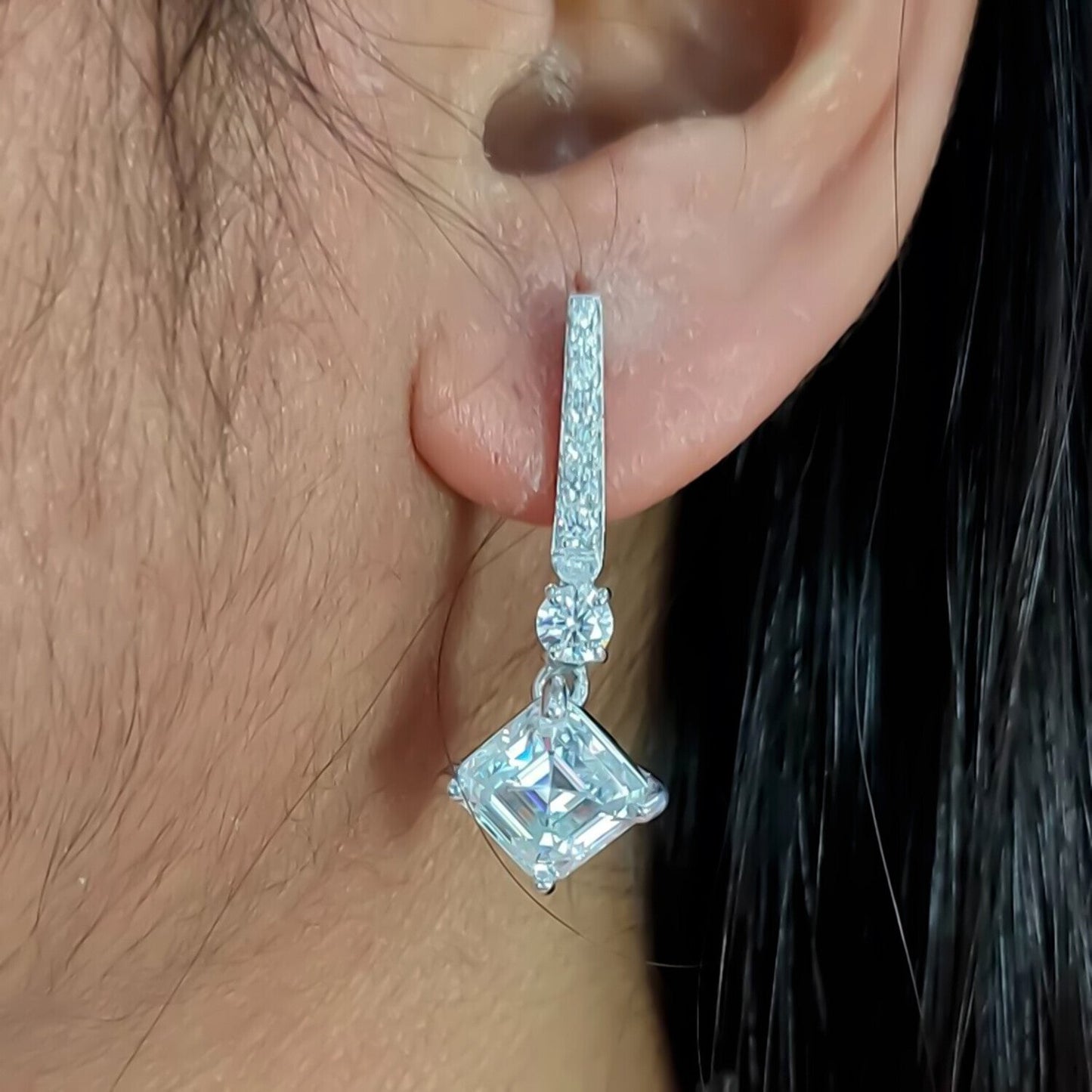 6.00 Ct Certified Asscher Cut White Moissanite Solitaire Earrings Gold Vermeil