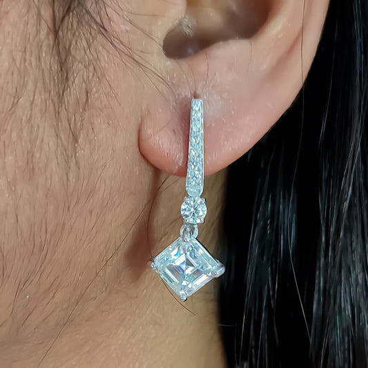 6.00 Ct Certified Asscher Cut White Moissanite Solitaire Earrings Gold Vermeil