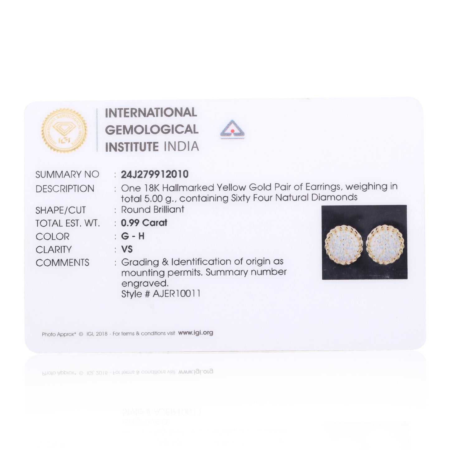 0.99 Ct Natural Diamond Stud Earrings G-H VS Round Brilliant 18K Gold Tops