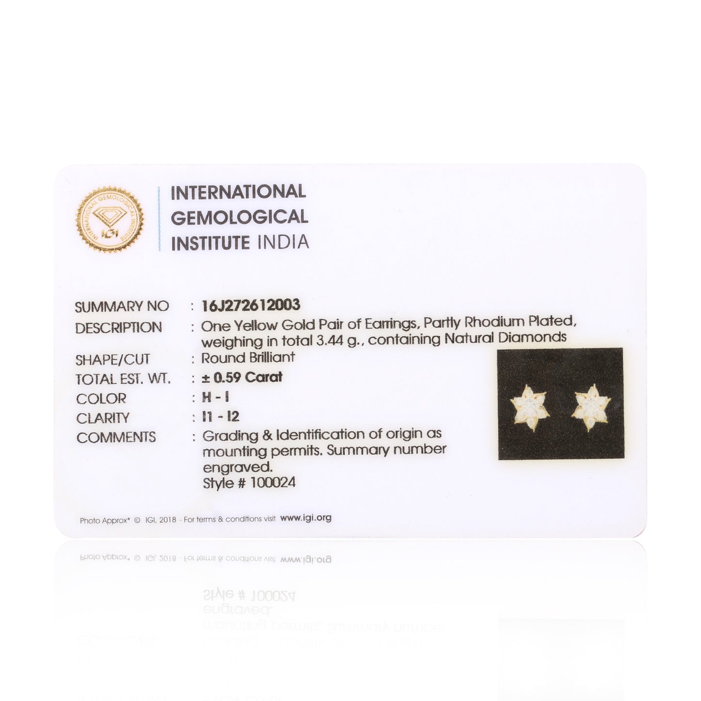 IGI Certified 0.59 Ct Diamond Earrings H-I I1-I2 Round 18K Gold Jewelry