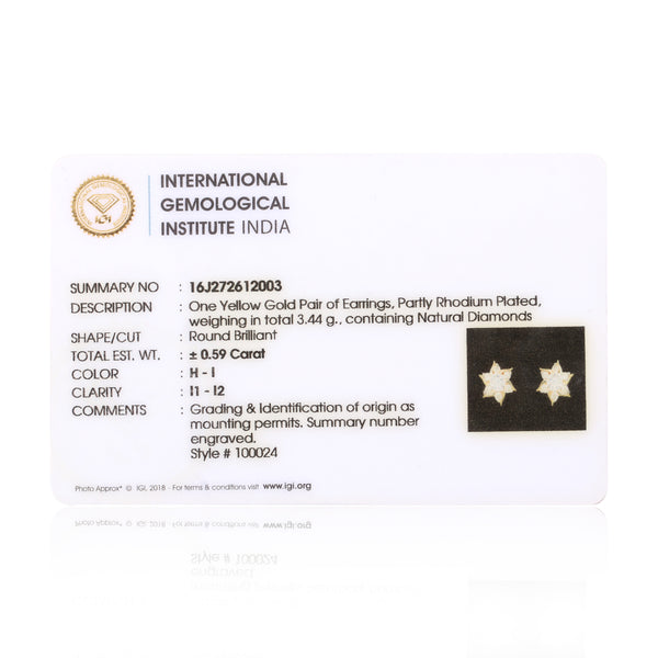 IGI Certified 0.59 Ct Diamond Earrings H-I I1-I2 Round 18K Gold Jewelry