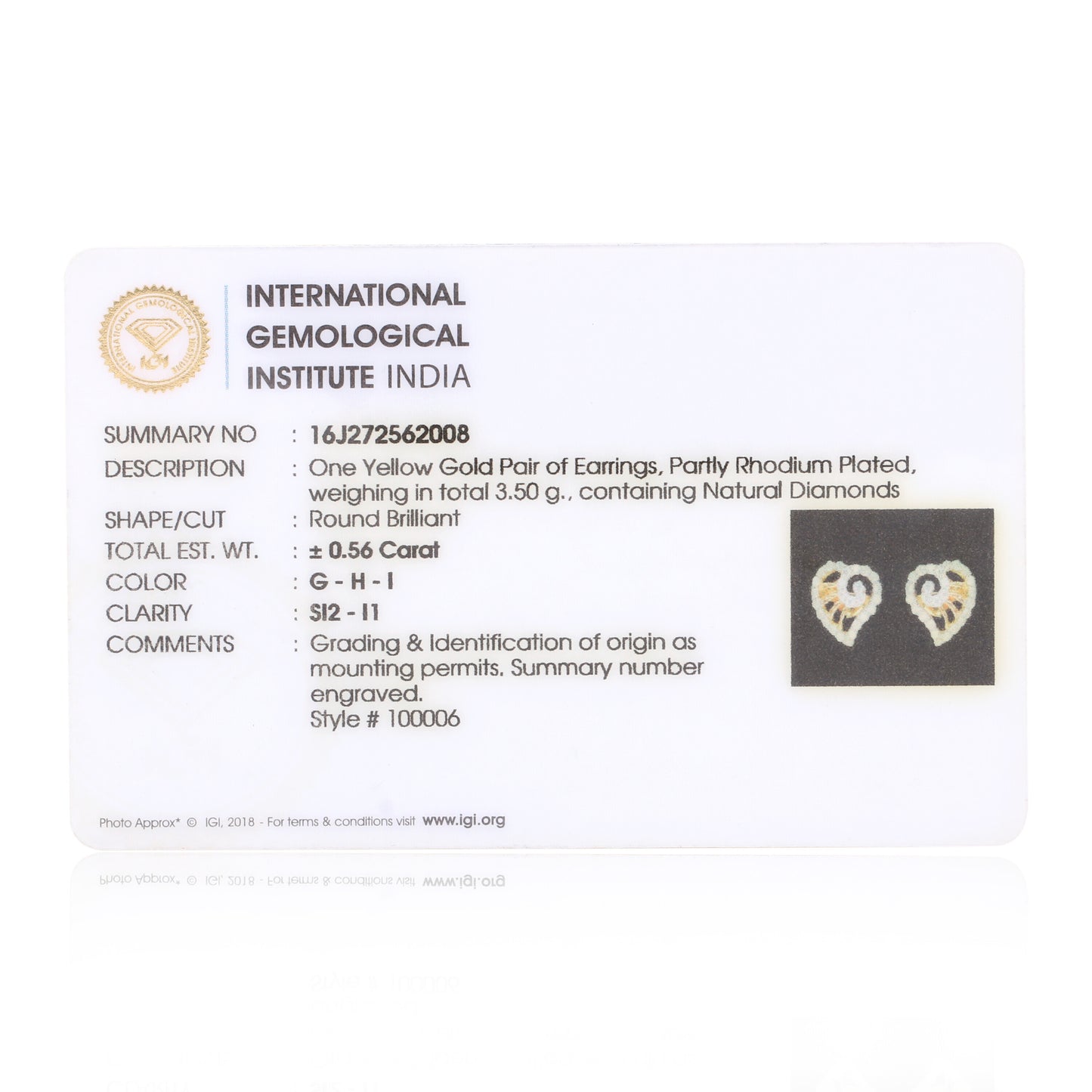 Classic Jewelry 0.56 Ct Round Diamond Earrings IGI Certified SI2-I1 18K Gold