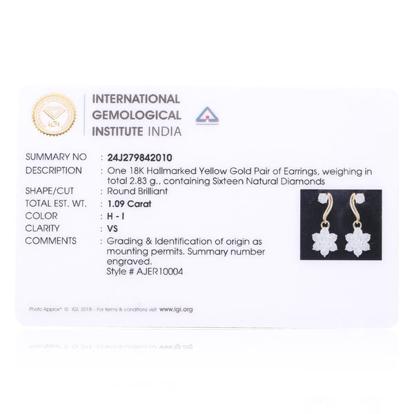 IGI Certified 1.09 Ct Round Diamond Earrings H-I VS Premium Stud Tops