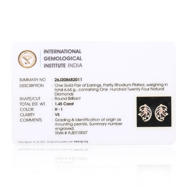 1.45 Ct Natural Diamond Stud Earrings IGI Certified H-I VS Round Brilliant Tops