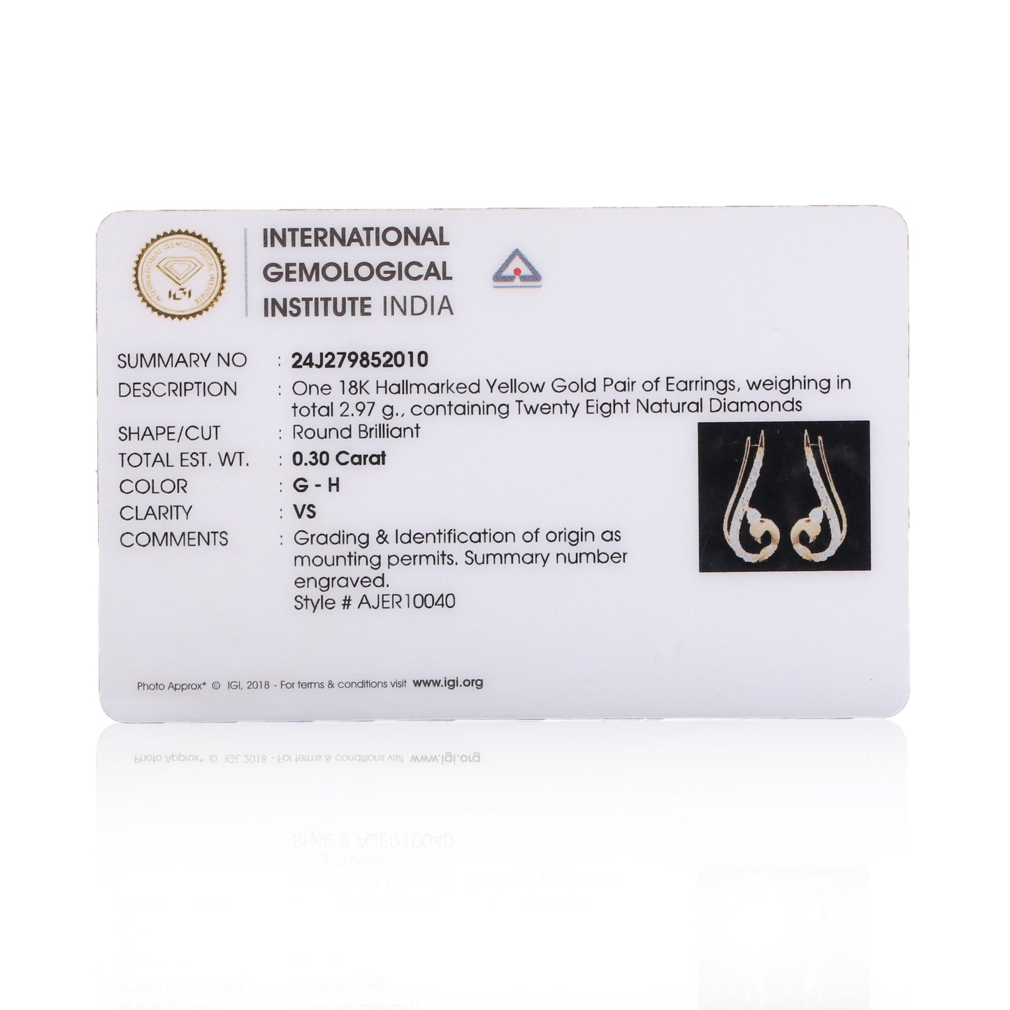 0.47 Ct Natural Diamond Stud Earrings IGI Certified G-H VS Round 18K Gold Tops