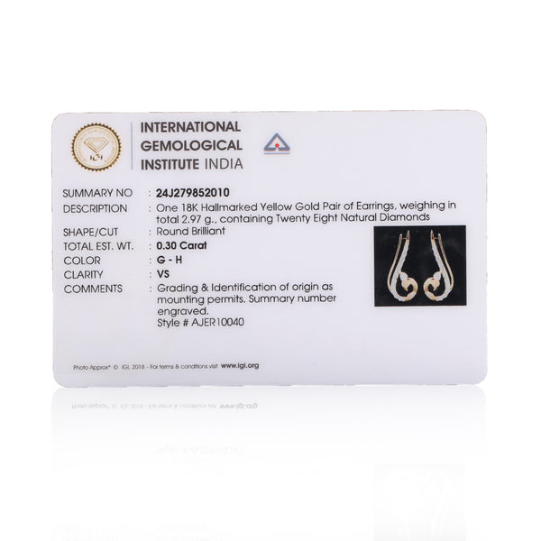 0.47 Ct Natural Diamond Stud Earrings IGI Certified G-H VS Round 18K Gold Tops