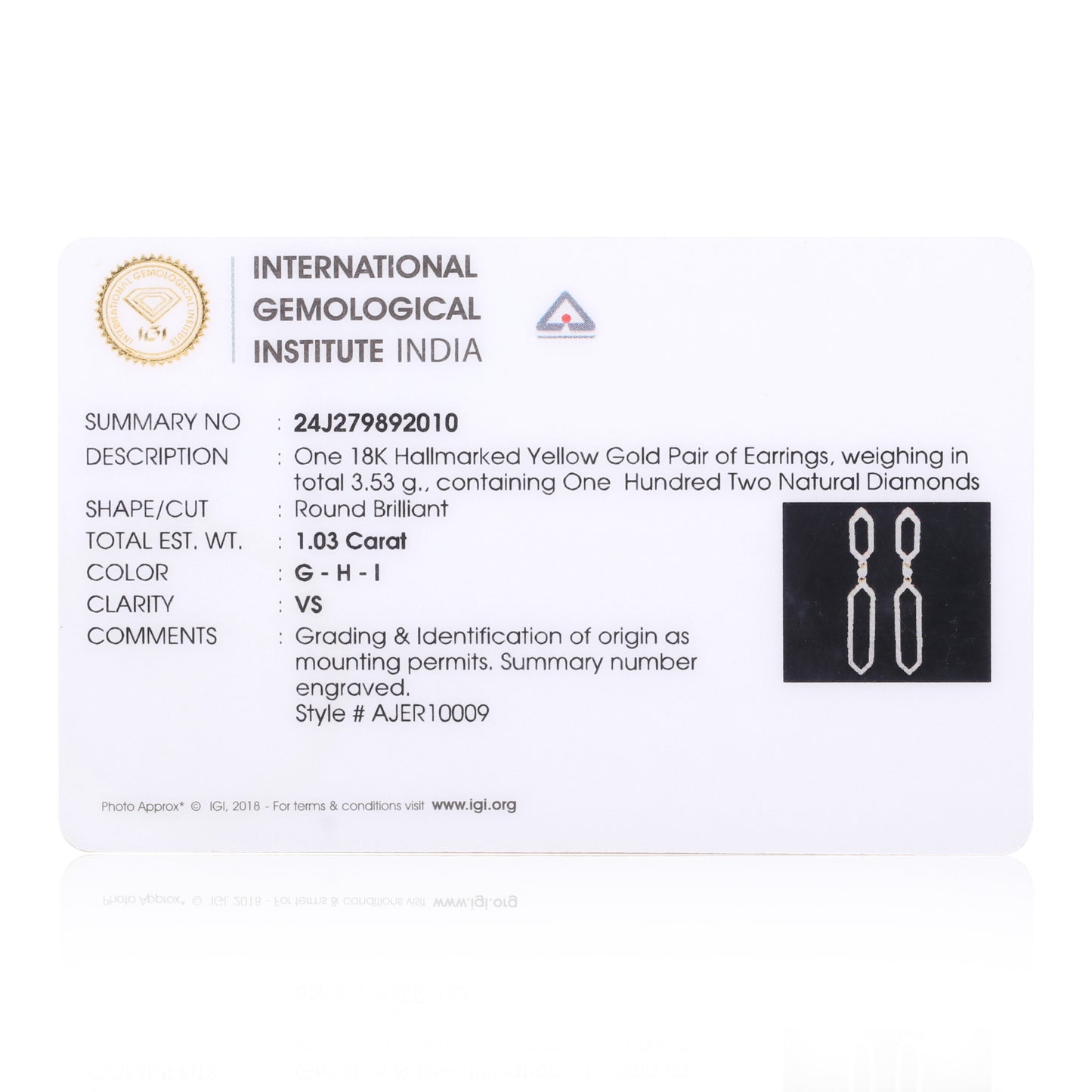 1.03 Ct Round Diamond Stud Earrings IGI Certified G-H-I VS 18K Gold Fine Jewelry