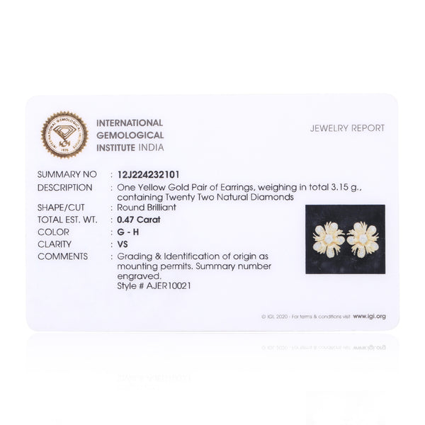 IGI Certified 0.47 Ct Diamond Stud Earrings G-H VS Brilliant Cut Tops