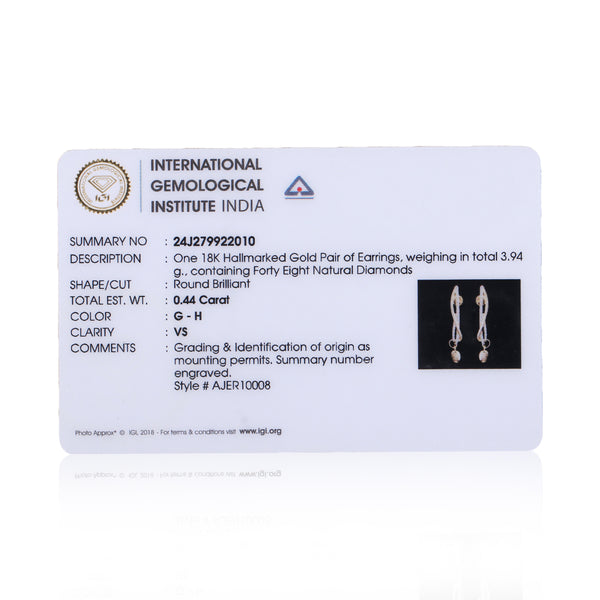 Premium 0.44 Ct Natural Diamond Stud Earrings IGI Certified G-H VS 18K Gold