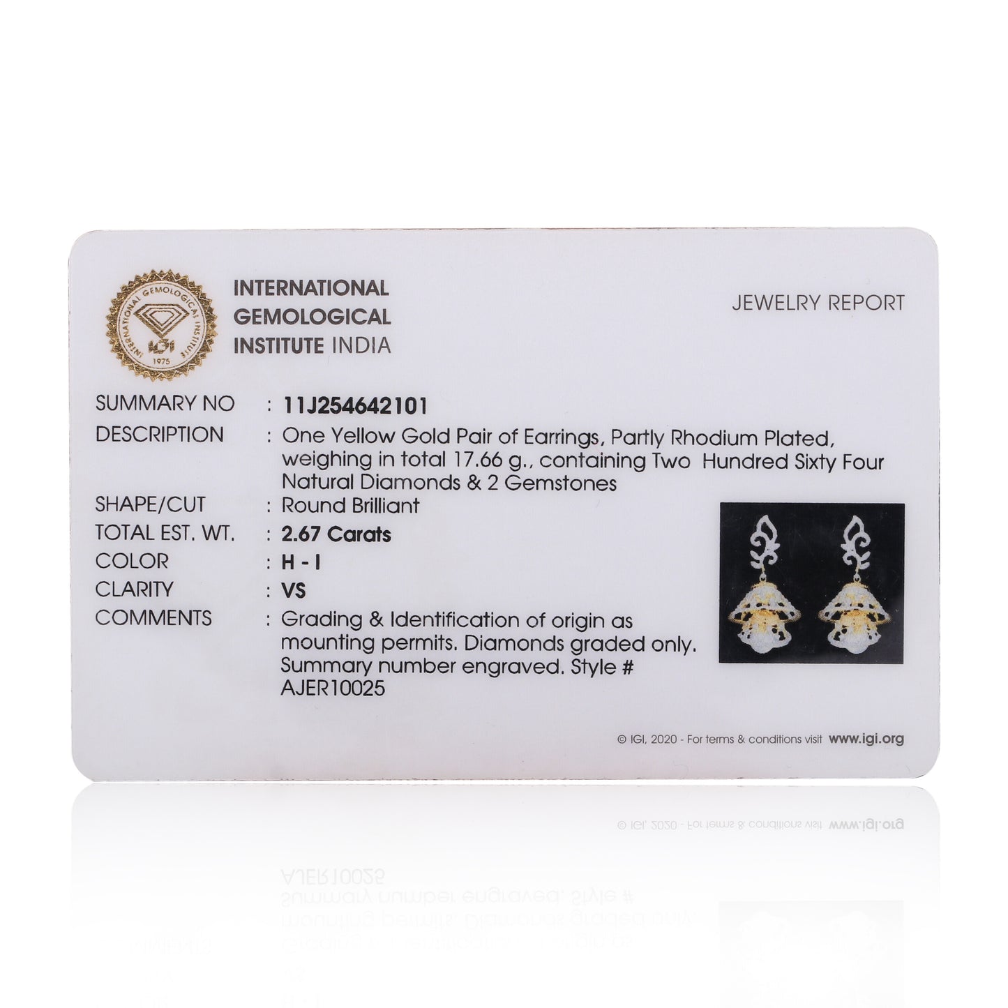 Luxury 2.67 Ct Natural Diamond Stud Earrings IGI Certified H-I VS 18K Gold