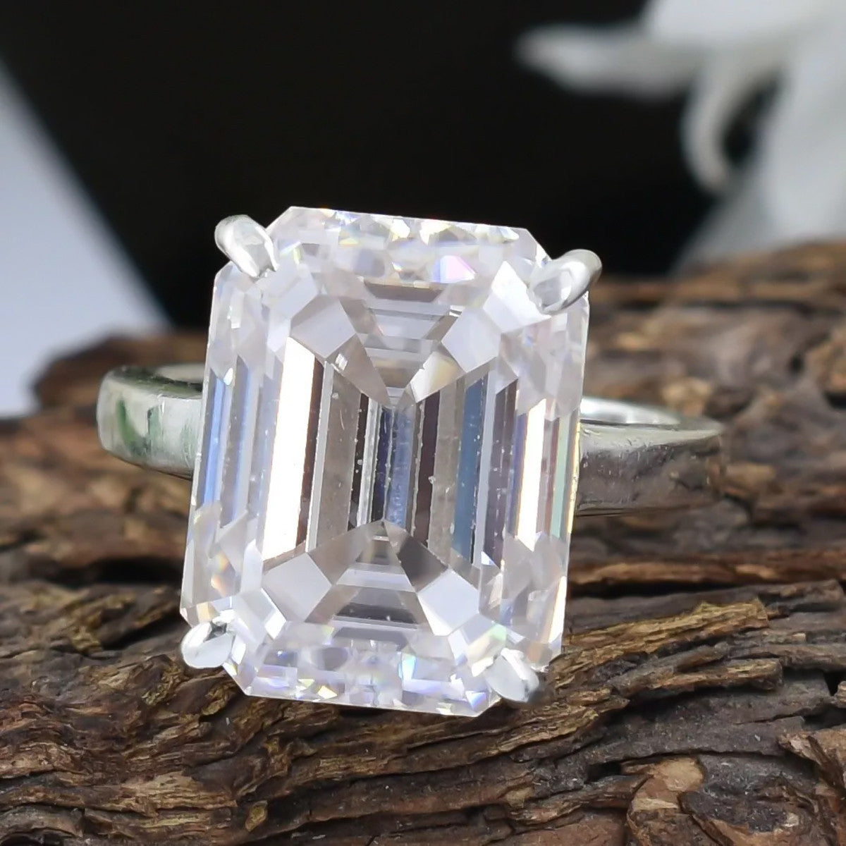 27.5 Ct White Moissanite Emerald Solitaire Ring - 925 Sterling Silver Gold Vermeil