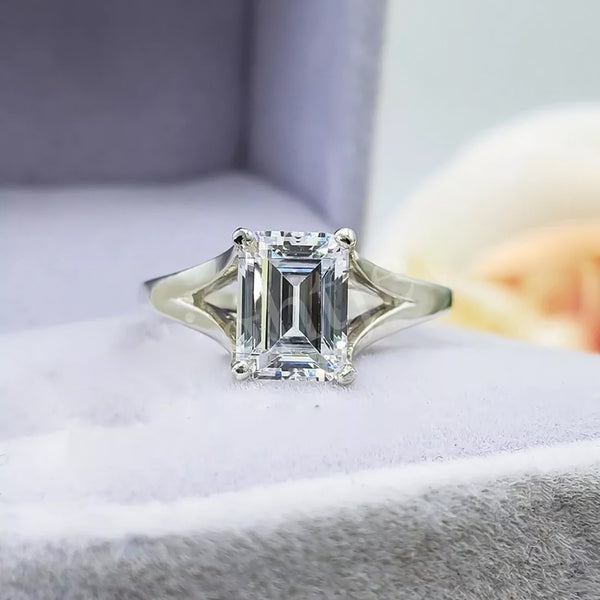 2.90 Ct Certified Emerald Cut Solitaire White Moissanite Ring For Women 18K Gold Plated