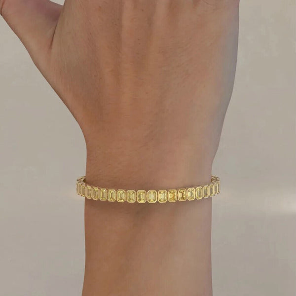 Bezel Set Emerald Fancy Vivid Yellow Lab-Grown Diamond Tennis Bracelet 14k Gold - Image 3 - GEMHUB & CO.