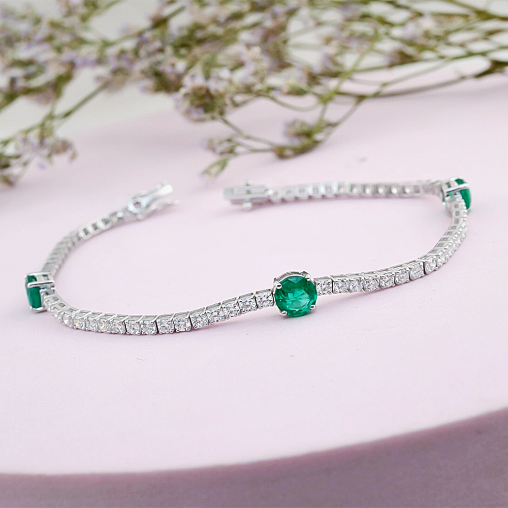 Certified Natural Diamond & Zambian Emerald Her Tennis Bracelet 14k White Gold - GEMHUB & CO.