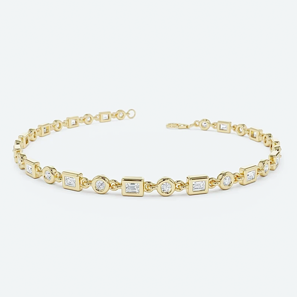 Lab-Grown Diamond Unique Design Bezel Set Women Tennis Bracelet 14K Yellow Gold - GEMHUB & CO.