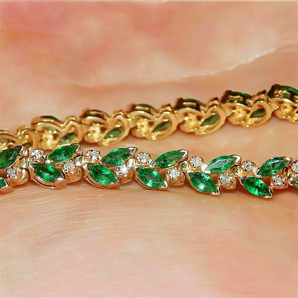 Marquise Cut Natural Emerald & Diamond Flower Tennis Bracelet 14k Yellow Gold - Image 2 - GEMHUB & CO.
