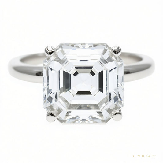 Certified 3.60 ct DEW Assher Cut White Moissanite Solitaire Statement Ring 18K Gold Pla 18K Gold Plated – white background main image