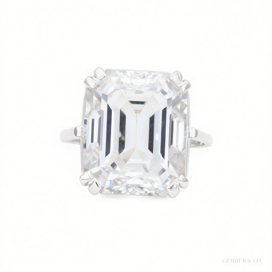 Certified 4 ct DEW Emerald Cut Moissanite Solitaire Ring in 18K Gold Plated – white background main image