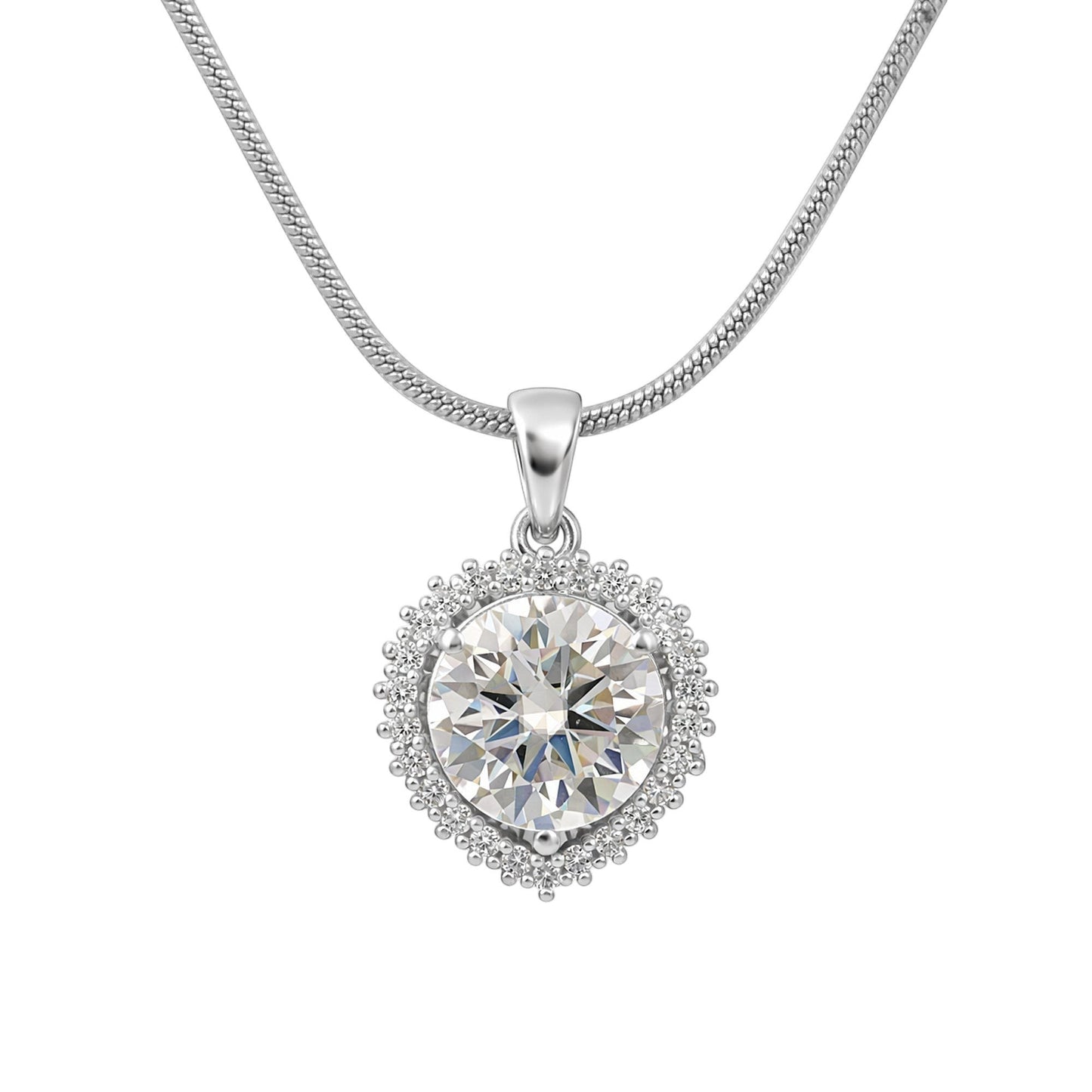 GEMHUB & CO. 3.50 Ct round cut lab grown diamond pendant with VS1 clarity in 18k gold vermeil, surrounded by smaller diamonds.