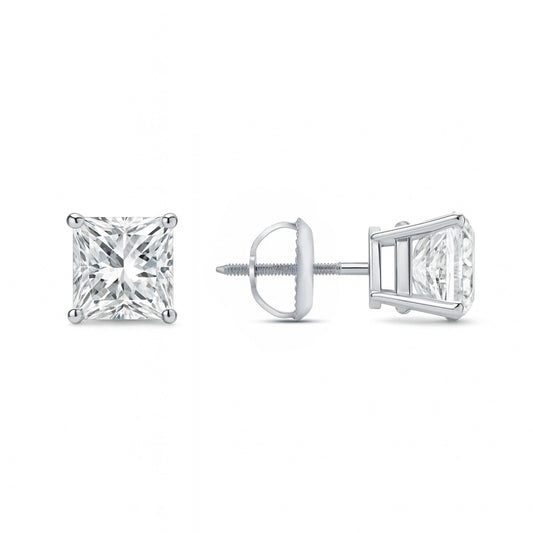 GEMHUB & CO. 14K white gold princess cut lab-created diamond stud earrings, 1 ct total weight, screw back closure.