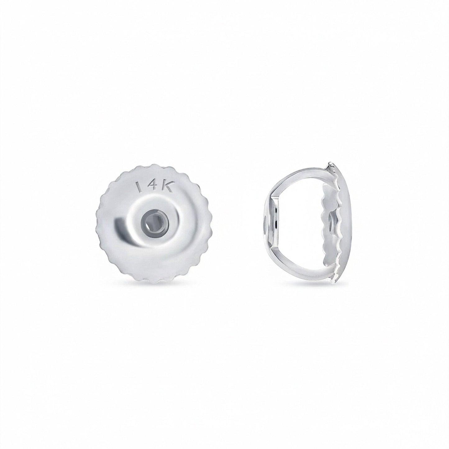 GEMHUB & CO. 14K white gold screw back earring backs, detailed with 14K stamp.