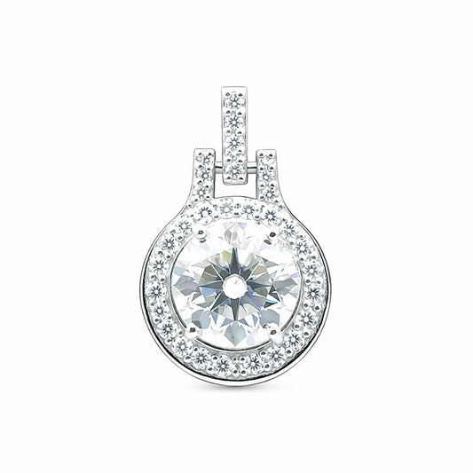 GEMHUB & CO. 2.50 Ct round cut lab-grown diamond pendant with VS1 clarity, set in 18k gold vermeil with a halo of smaller diamonds.