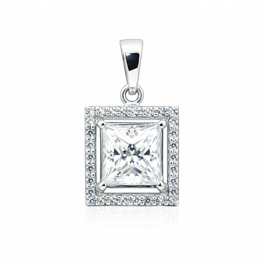 GEMHUB & CO. 2 Ct princess cut lab-grown diamond pendant in 18k gold vermeil with VS1 clarity, surrounded by a halo of smaller diamonds.