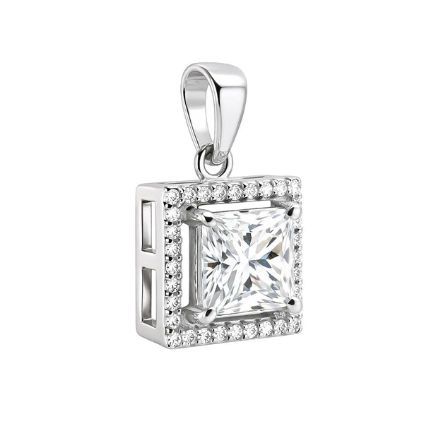GEMHUB & CO. 2 Ct princess cut lab-grown diamond pendant in 18k gold vermeil with VS1 clarity, surrounded by a halo of smaller diamonds.