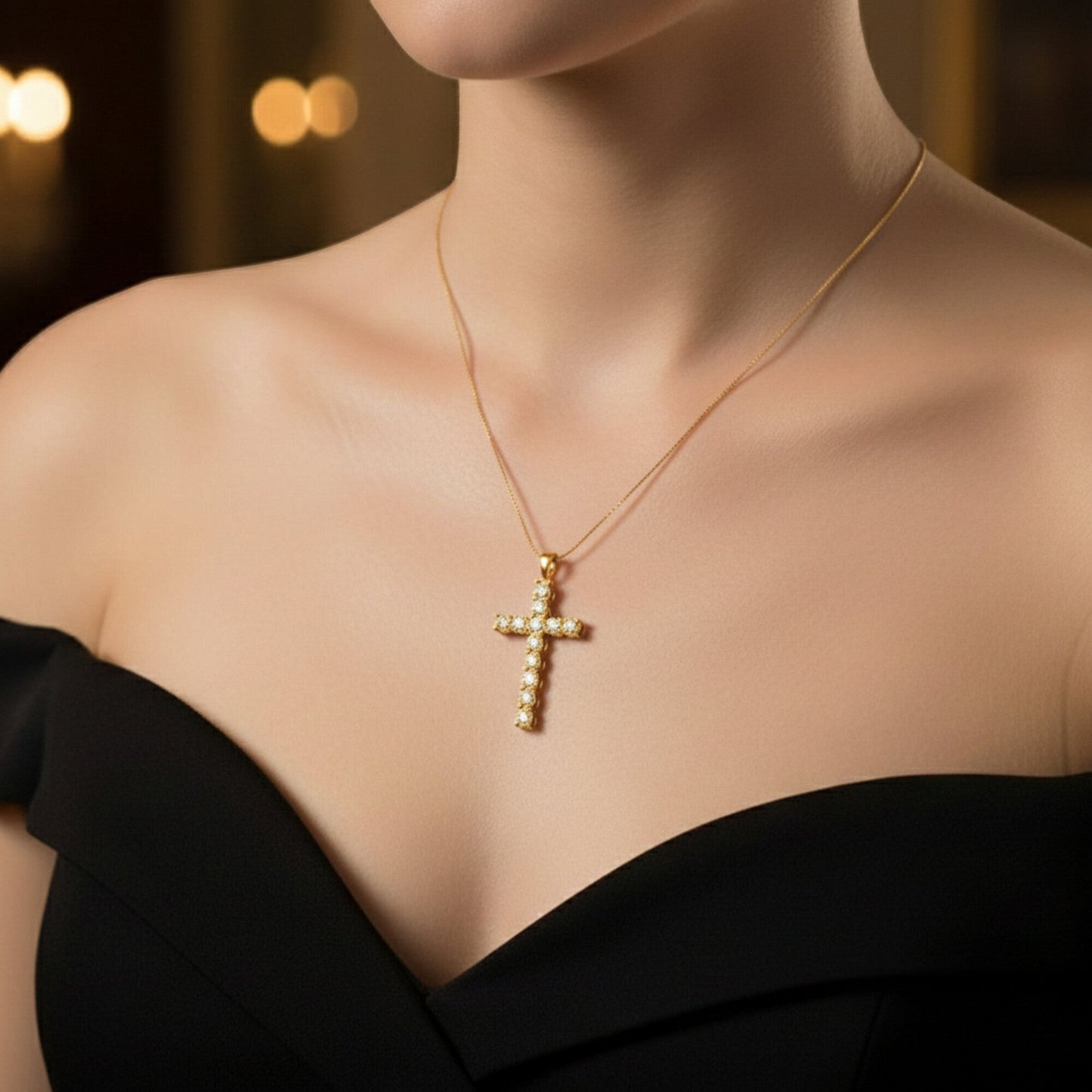 GEMHUB & CO. 3 Ct round cut lab grown diamond cross pendant in 18k yellow gold vermeil with VS1 clarity.