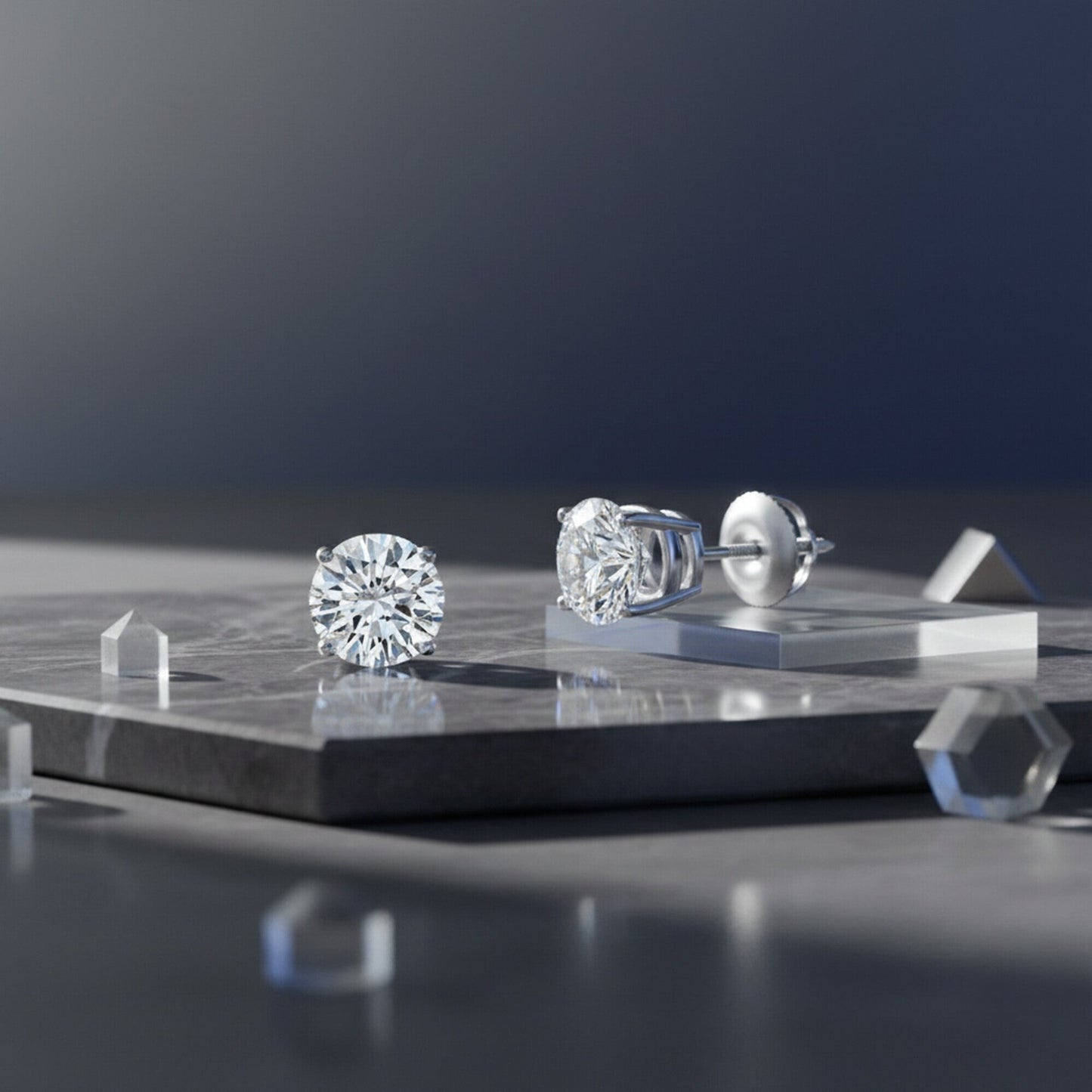 GEMHUB & CO. 3 Ct round lab-created diamond stud earrings in 950 platinum with screw backs. IGI certified.