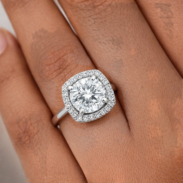 GEMHUB & CO. 4.00 Ct round cut lab grown diamond ring with halo setting in 18k gold vermeil.