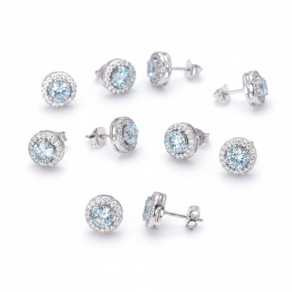 GEMHUB & CO. 5 pairs of round cut aqua sky aquamarine halo stud earrings in 925 sterling silver.