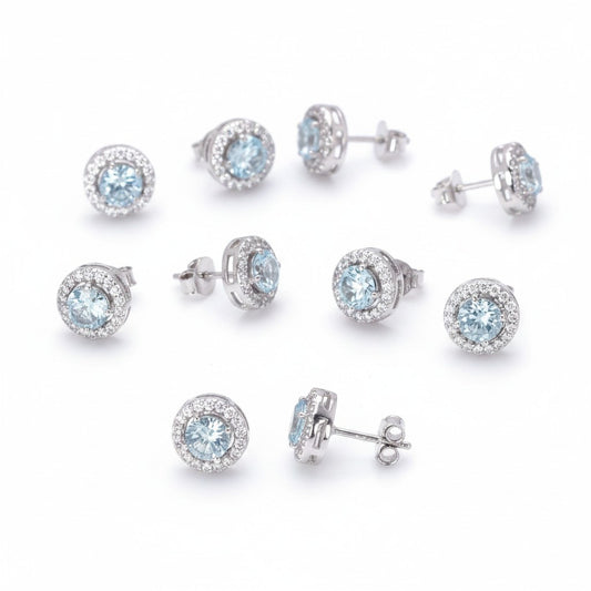 GEMHUB & CO. 5 pairs of round cut aqua sky aquamarine halo stud earrings in 925 sterling silver.